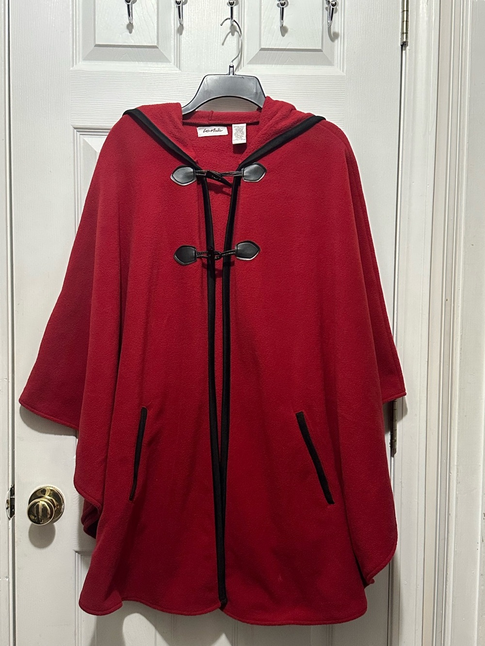 Le Moda Hooded Fleece Poncho Cape Coat - Red with Black Toggle Closures & Trim